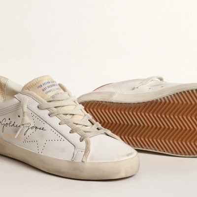 Golden Goose White Leather Super-Star Sneaker With Perforated Star And Fuchsia Nylon Heel Tab Golden Goose White Leather Super-Star Sneaker With Perforated Star And Fuchsia Nylon Heel Tab