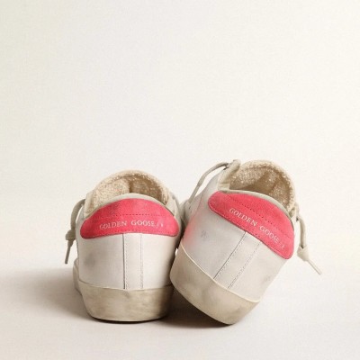 Golden Goose White Leather Super-Star Sneaker With Perforated Star And Fuchsia Nylon Heel Tab Golden Goose White Leather Super-Star Sneaker With Perforated Star And Fuchsia Nylon Heel Tab