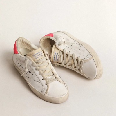 Golden Goose White Leather Super-Star Sneaker With Perforated Star And Fuchsia Nylon Heel Tab Golden Goose White Leather Super-Star Sneaker With Perforated Star And Fuchsia Nylon Heel Tab